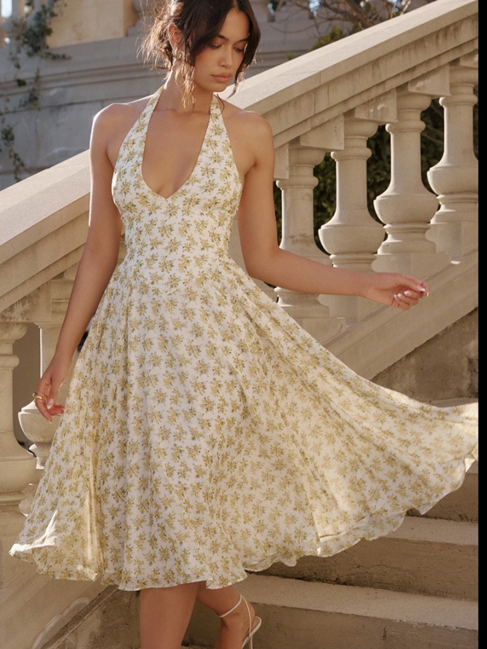 House of CB Ivory and Gold Floral Halter Midi Dress